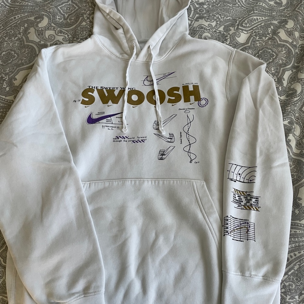 Men’s Nike White Hoodie with Purple and Gold Graphics